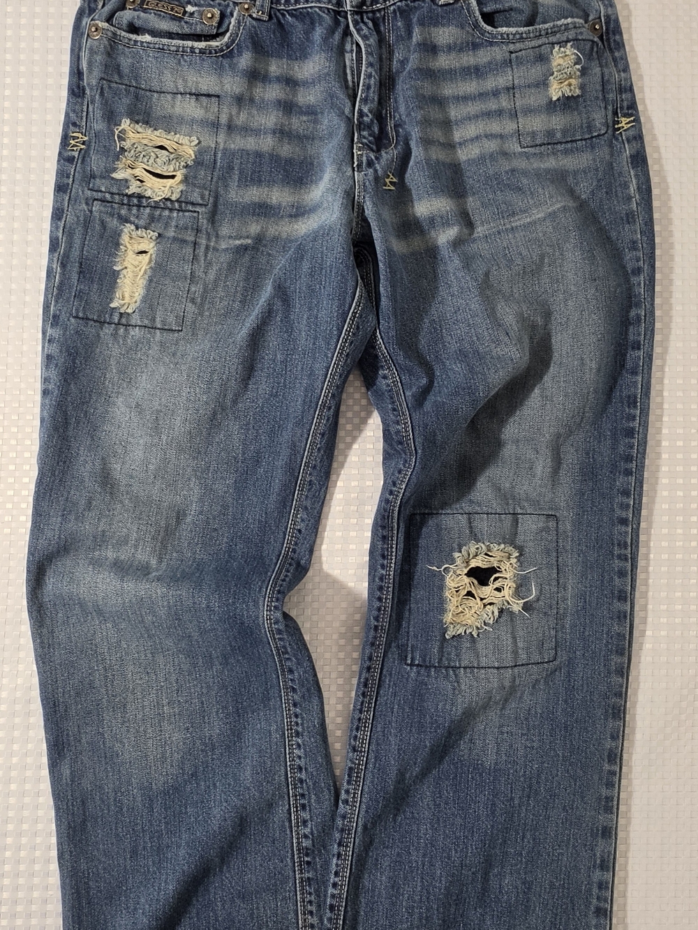 VTG 2010s Guess Distressed Patchwork Jeans Blue Grunge Y2K Straight Leg Size 34